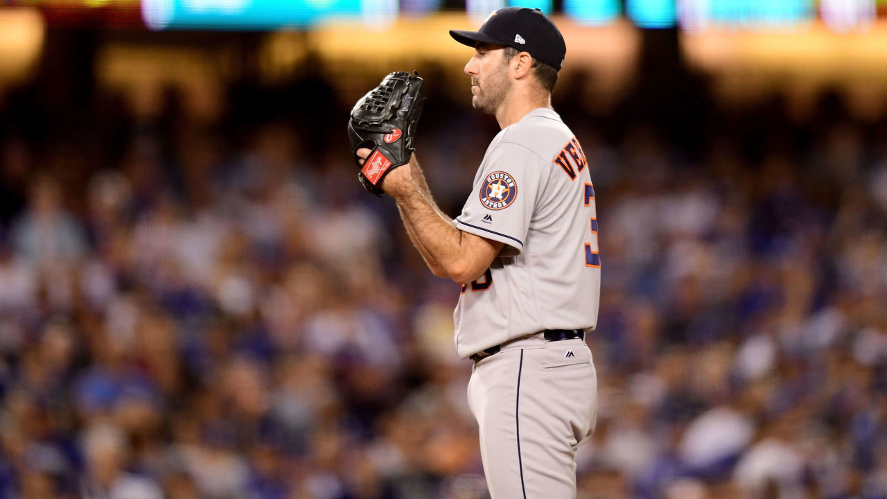 LOS ANGELES, CA - OCTOBER 25: Justin Verlander #35 of the Houston Astros stands on the pitcher's mound during the fifth inning against the Los Angeles Dodgers in game two of the 2017 World Series at Dodger Stadium on October 25, 2017 in Los Angeles, California.