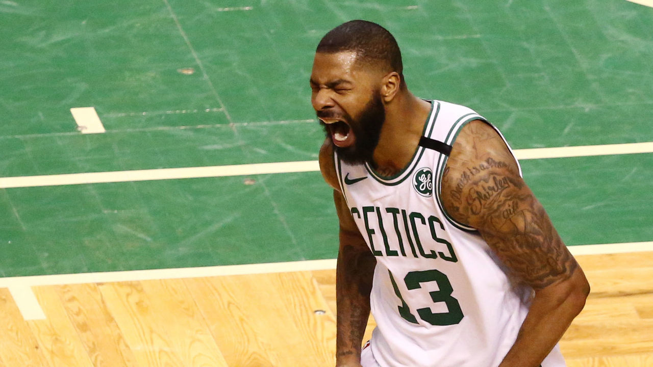 BOSTON, MA - APRIL 15: Marcus Morris #13 of the Boston Celtics reacts during the fourth quarter of Game One of Round One of the 2018 NBA Playoffs against the Milwaukee Bucks during at TD Garden on April 15, 2018 in Boston, Massachusetts.