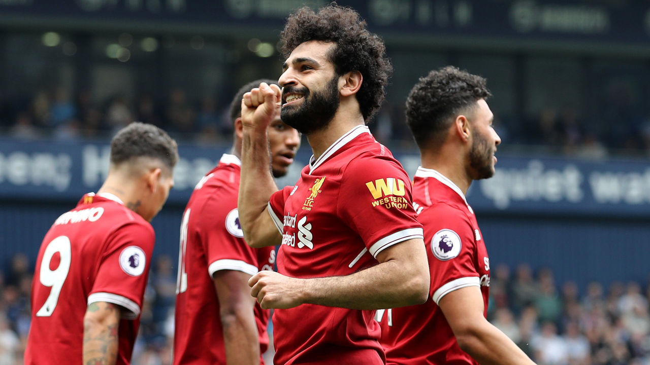 WEST BROMWICH, ENGLAND - APRIL 21: Mohamed Salah of Liverpool celebrates after scoring his sides second goal during the Premier League match between West Bromwich Albion and Liverpool at The Hawthorns on April 21, 2018 in West Bromwich, England.