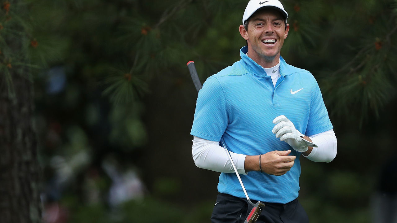 AUGUSTA, GA - APRIL 07: Rory McIlroy of Northern Ireland reacts on the fifth hole during the third round of the 2018 Masters Tournament at Augusta National Golf Club on April 7, 2018 in Augusta, Georgia.