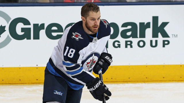 TORONTO, ON - MARCH 31: Bryan Little #18 of the Winnipeg Jets skates during the warm-up prior to playing against the Toronto Maple Leafs in an NHL game at the Air Canada Centre on March 31, 2018 in Toronto, Ontario, Canada. The Jets defeated the Maple Leafs 3-1. *** Local Caption *** Bryan Little