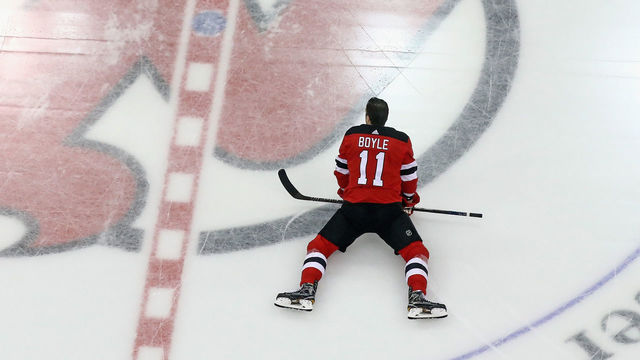 NEWARK, NJ - APRIL 18: Brian Boyle #11 of the New Jersey Devils skates in warm-ups prior to the game against the Tampa Bay Lightning in Game Four of the Eastern Conference First Round during the 2018 NHL Stanley Cup Playoffs at the Prudential Center on April 18, 2018 in Newark, New Jersey.