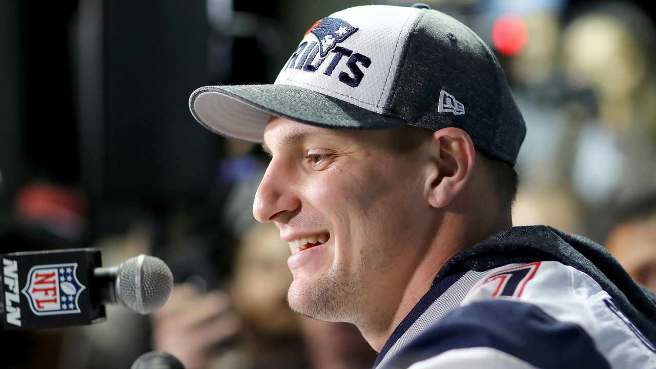 BLOOMINGTON, MN - FEBRUARY 01: Rob Gronkowski #87 of the New England Patriots speaks to the press during the New England Patriots Media Availability for Super Bowl LII at the Mall of America on February 1, 2018 in Bloomington, Minnesota.The New England Patriots will take on the Philadelphia Eagles in Super Bowl LII on February 4. Gronkowski has been cleared to play for Sunday.
