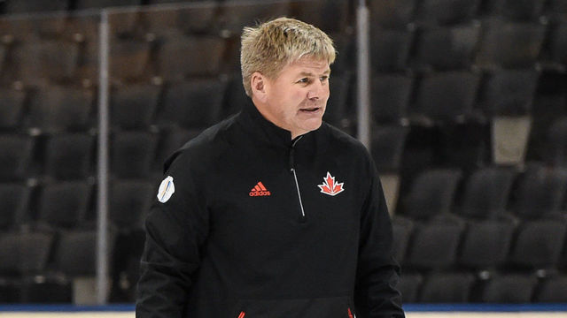 TORONTO, ON - SEPTEMBER 16: Head coach Mike Babcock (left) goaltending coach Stephane Waite (centre) and and assistant coach Bill Peters (right) look on during practice at the World Cup of Hockey 2016 at Air Canada Centre on September 16, 2016 in Toronto, Ontario, Canada.