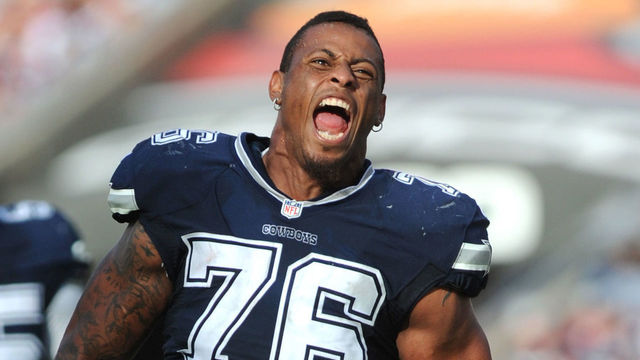 TAMPA, FL - NOVEMBER 15: Defensive end Greg Hardy #76 of the Dallas Cowboys excites the Tampa Bay Buccaneers fans during the fourth quarter at Raymond James Stadium on November 15, 2015 in Tampa, Florida.