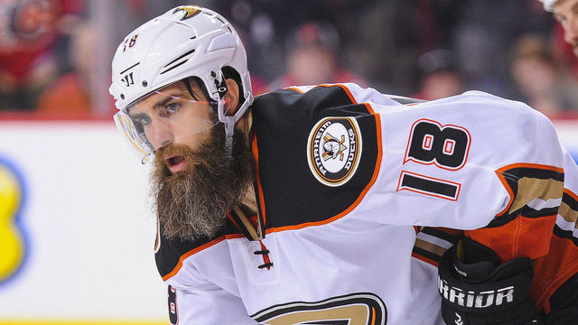 CALGARY, AB - APRIL 19: Patrick Eaves #18 of the Anaheim Ducks in action against the Calgary Flames in Game Four of the Western Conference First Round during the 2017 NHL Stanley Cup Playoffs at Scotiabank Saddledome on April 19, 2017 in Calgary, Alberta, Canada.