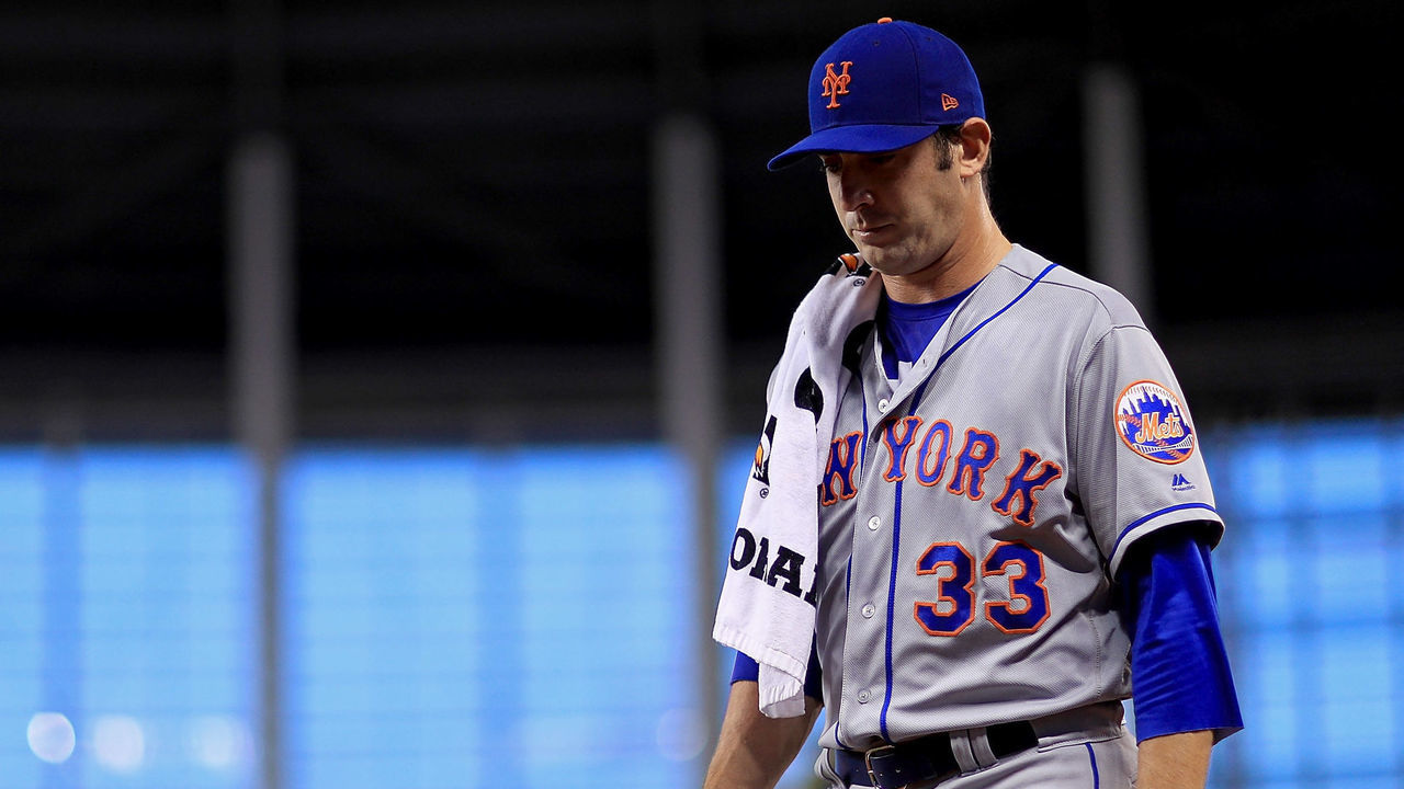 MIAMI, FL - SEPTEMBER 18: Matt Harvey #33 of the New York Mets looks on during a game against the Miami Marlins at Marlins Park on September 18, 2017 in Miami, Florida.