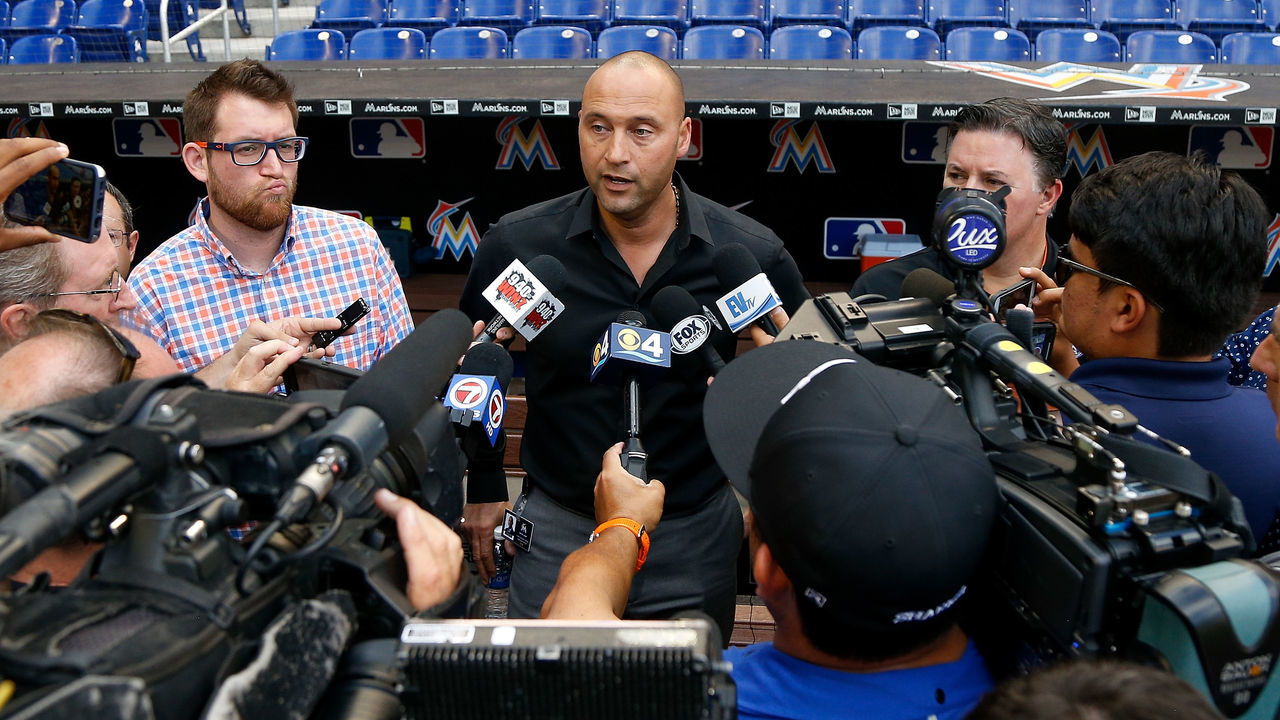 MIAMI, FL - APRIL 13: Miami Marlins CEO Derek Jeter addresses the media regarding fan attendance prior to the game against the Pittsburgh Pirates at Marlins Park on April 13, 2018 in Miami, Florida.