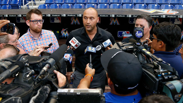 MIAMI, FL - APRIL 13: Miami Marlins CEO Derek Jeter addresses the media regarding fan attendance prior to the game against the Pittsburgh Pirates at Marlins Park on April 13, 2018 in Miami, Florida.