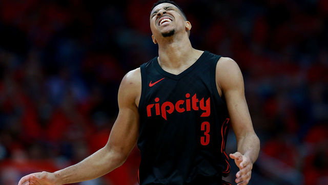 NEW ORLEANS, LA - APRIL 19: CJ McCollum #3 of the Portland Trail Blazers reacts as his team trails the New Orleans Pelicans during Game 3 of the Western Conference playoffs against the Portland Trail Blazers at the Smoothie King Center on April 19, 2018 in New Orleans, Louisiana.