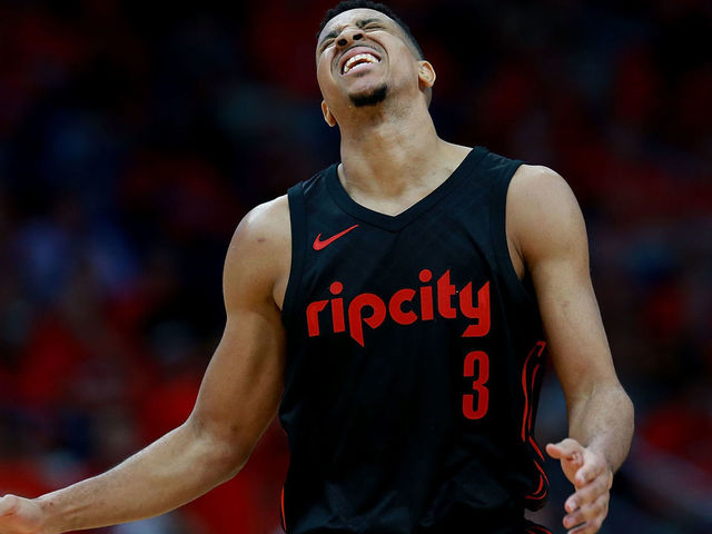 NEW ORLEANS, LA - APRIL 19: CJ McCollum #3 of the Portland Trail Blazers reacts as his team trails the New Orleans Pelicans during Game 3 of the Western Conference playoffs against the Portland Trail Blazers at the Smoothie King Center on April 19, 2018 in New Orleans, Louisiana.