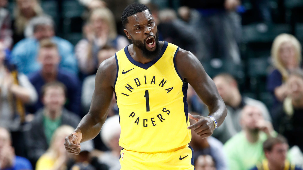 INDIANAPOLIS, IN - JANUARY 10: Lance Stephenson #1 of the Indiana Pacers celebrates against the Miami Heat during the game at Bankers Life Fieldhouse on January 10, 2018 in Indianapolis, Indiana.