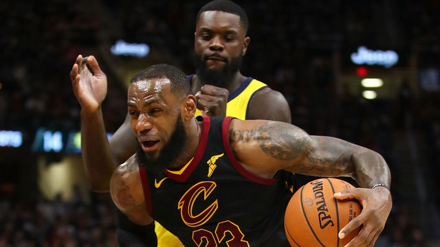 CLEVELAND, OH - APRIL 15: LeBron James #23 of the Cleveland Cavaliers drives past Lance Stephenson #1 of the Indiana Pacers during the second half in Game One of the Eastern Conference Quarterfinals during the 2018 NBA Playoffs at Quicken Loans Arena on April 15, 2018 in Cleveland, Ohio. Indiana won the game 98-80 to take a 1-0 series lead.