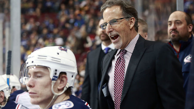 VANCOUVER, BC - MARCH 31: Head coach John Tortorella of the Columbus Blue Jackets looks on from the bench during their NHL game against the Vancouver Canucks at Rogers Arena March 31, 2018 in Vancouver, British Columbia, Canada. 'n