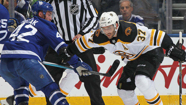 TORONTO, ON - APRIL 16: Patrice Bergeron #37 of the Boston Bruins skates against Tyler Bozak #42 of the Toronto Maple Leafs in Game Three of the Eastern Conference First Round during the 2018 Stanley Cup Play-offs at the Air Canada Centre on April 16, 2018 in Toronto, Ontario, Canada. The Maple Leafs defeated the Bruins 4-2. *** Local Caption *** Patrice Bergeron; Tyler Bozak