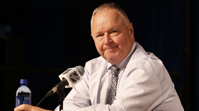 ANAHEIM, CA - APRIL 14: Head coach Randy Carlyle of the Anaheim Ducks talks during a post-game interview following Game Two of the Western Conference First Round against the San Jose Sharks during the 2018 NHL Stanley Cup Playoffs at Honda Center on April 14, 2018 in Anaheim, California.