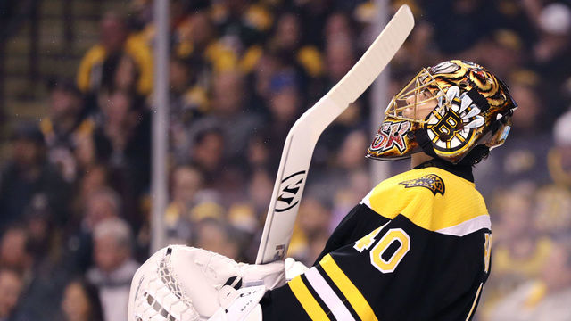 BOSTON, MA - APRIL 21: Tuukka Rask #40 of the Boston Bruins looks on during the second period against the Toronto Maple Leafs in Game Five of the Eastern Conference First Round in the 2018 Stanley Cup play-offs at TD Garden on April 21, 2018 in Boston, Massachusetts.