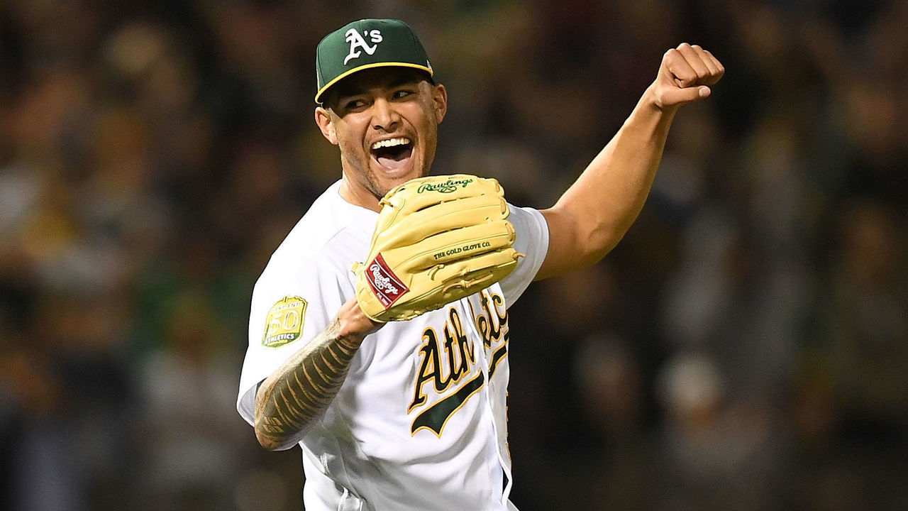 OAKLAND, CA - APRIL 21: Sean Manaea #55 of the Oakland Athletics celebrates after pitching a no-hitter against the Boston Red Sox at the Oakland Alameda Coliseum on April 21, 2018 in Oakland, California. The Athletics won the game 3-0.