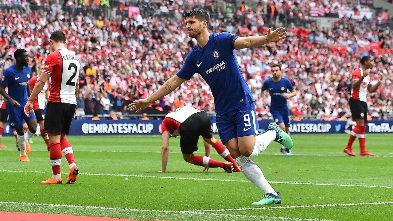 Chelsea's Spanish striker Alvaro Morata (C) celebrates scoring his team's second goal during the English FA Cup semi-final football match between Chelsea and Southampton at Wembley Stadium in London, on April 22, 2018.