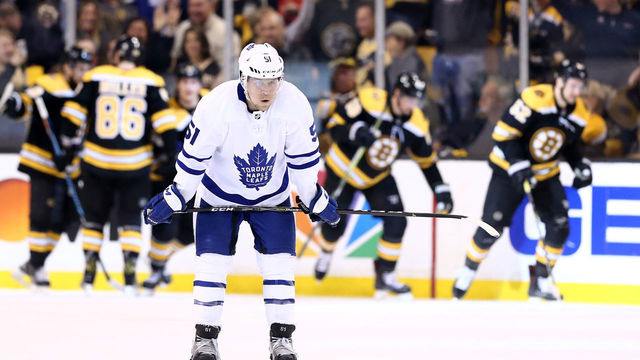 BOSTON, MA - APRIL 21: Jake Gardiner #51 of the Toronto Maple Leafs reacts after Sean Kuraly #52 of the Boston Bruins scored during the second period of Game Five of the Eastern Conference First Round in the 2018 Stanley Cup play-offs at TD Garden on April 21, 2018 in Boston, Massachusetts.