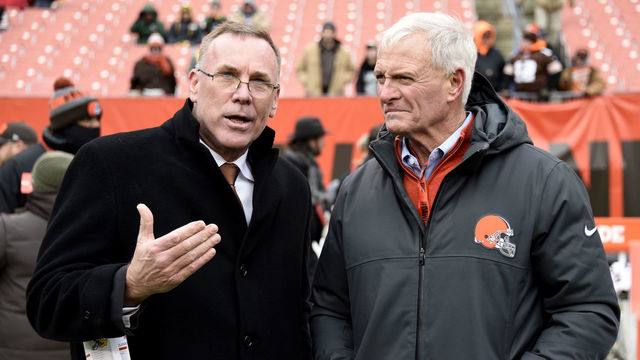CLEVELAND, OH - DECEMBER 10: New General Manager John Dorsey of the Cleveland Browns is seen with owner Jimmy Haslam before the game against the Green Bay Packers at FirstEnergy Stadium on December 10, 2017 in Cleveland, Ohio.