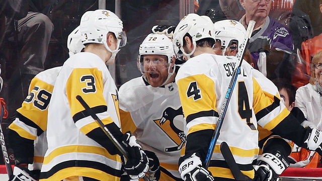 PHILADELPHIA, PA - APRIL 22: Patric Hornqvist #72 of the Pittsburgh Penguins (c) celebrates his goal at 13:35 of the second period against the Philadelphia Flyers in Game Six of the Eastern Conference First Round during the 2018 NHL Stanley Cup Playoffs at the Wells Fargo Center on April 22, 2018 in Philadelphia, Pennsylvania.