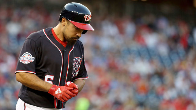WASHINGTON, DC - APRIL 13: Anthony Rendon #6 of the Washington Nationals jogs to first base after drawing a walk against the Colorado Rockies at Nationals Park on April 13, 2018 in Washington, DC.