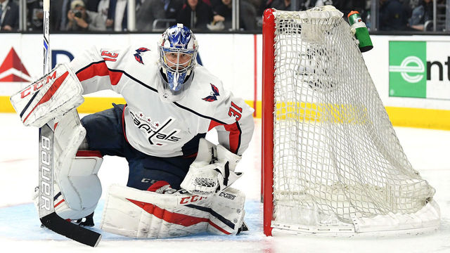LOS ANGELES, CA - MARCH 08: Philipp Grubauer #31 of the Washington Capitals watches his rebound during the second period against the Los Angeles Kings at Staples Center on March 8, 2018 in Los Angeles, California.