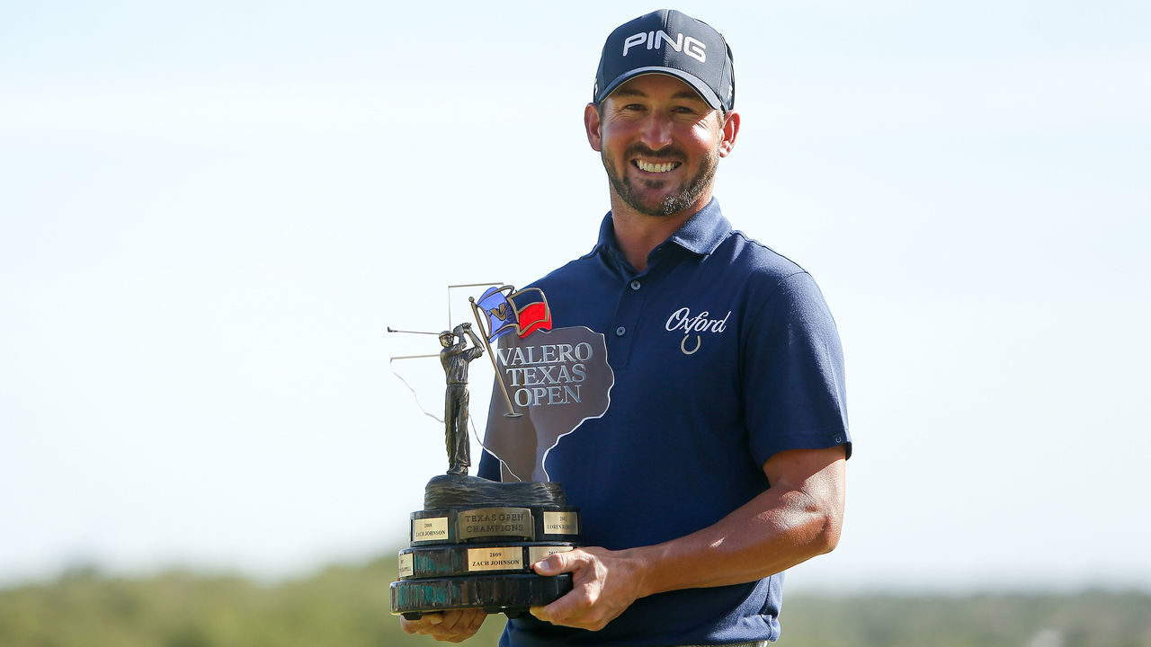 SAN ANTONIO, TX - APRIL 22: Andrew Landry holds the Valero Texas Open trophy for a photo after the final round of the Valero Texas Open at TPC San Antonio AT&T Oaks Course on April 22, 2018 in San Antonio, Texas.