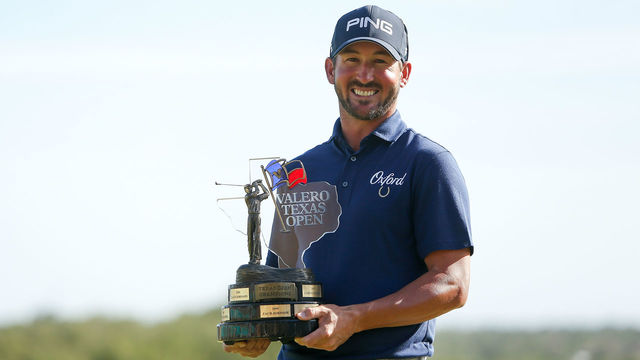 SAN ANTONIO, TX - APRIL 22: Andrew Landry holds the Valero Texas Open trophy for a photo after the final round of the Valero Texas Open at TPC San Antonio AT&T Oaks Course on April 22, 2018 in San Antonio, Texas.