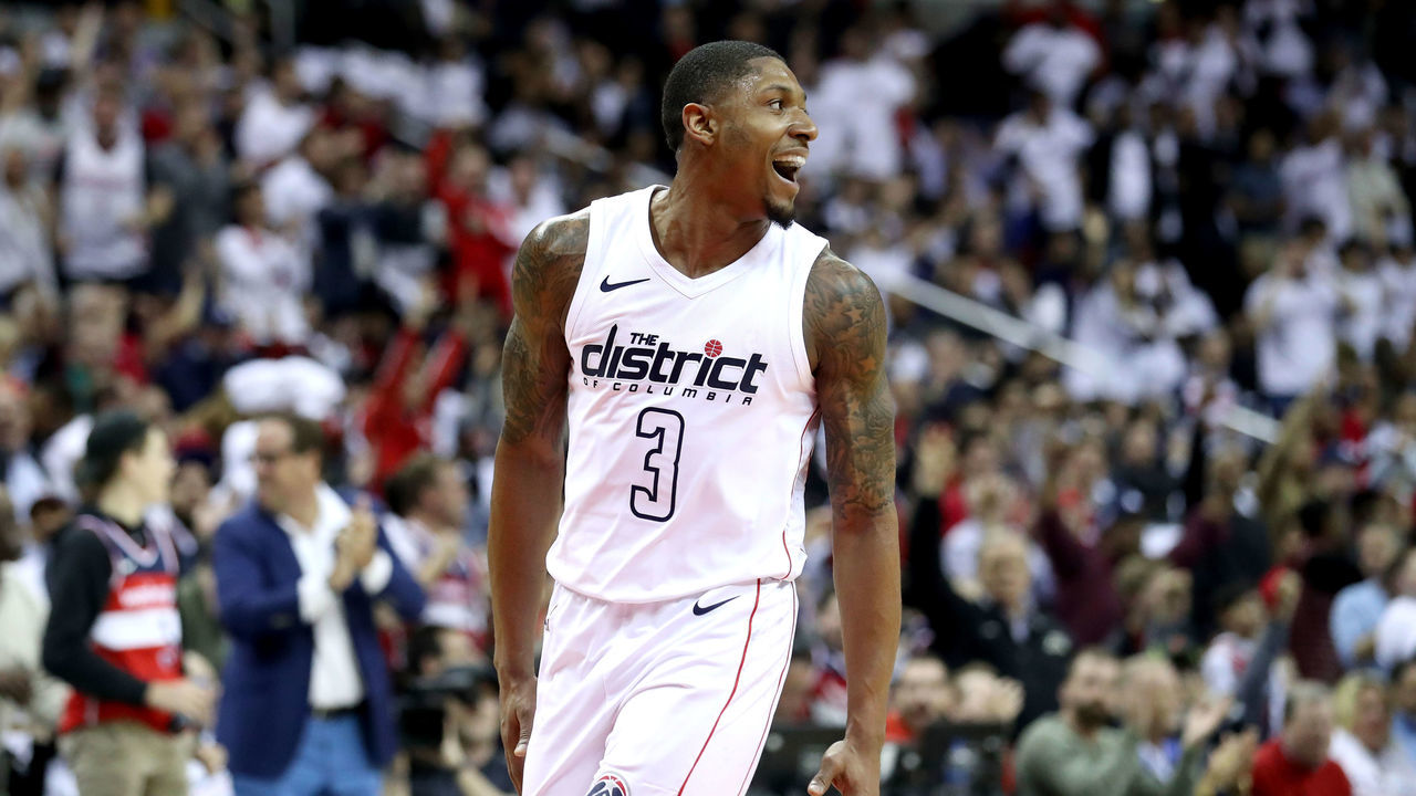 WASHINGTON, DC - APRIL 20: Bradley Beal #3 of the Washington Wizards celebrates after hitting a three pointer against the Toronto Raptors in the first half during Game Three of Round One of the 2018 NBA Playoffs at Capital One Arena on April 20, 2018 in Washington, DC.