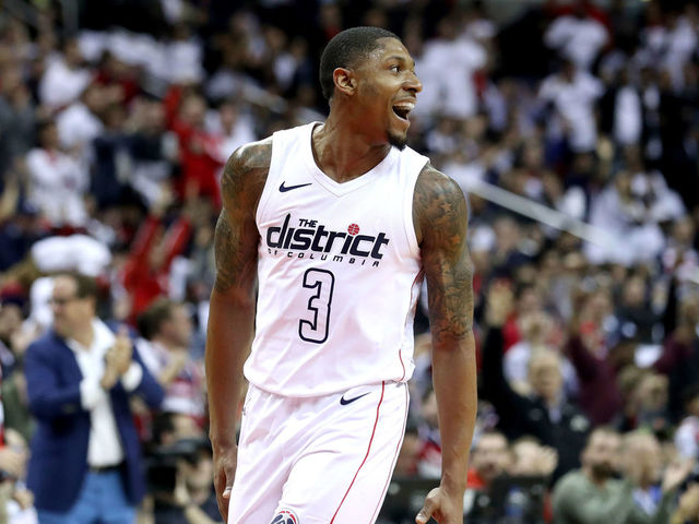 WASHINGTON, DC - APRIL 20: Bradley Beal #3 of the Washington Wizards celebrates after hitting a three pointer against the Toronto Raptors in the first half during Game Three of Round One of the 2018 NBA Playoffs at Capital One Arena on April 20, 2018 in Washington, DC.