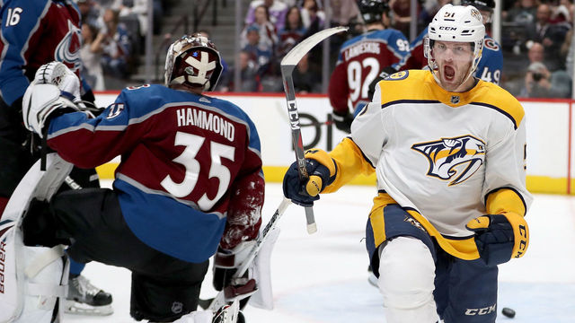 DENVER, CO - APRIL 22: Austin Watson #51 of the Nashville Predators celebrates scoring a goal against the Colorado Avalanche in Game Six of the Western Conference First Round during the 2018 NHL Stanley Cup Playoffs at the Pepsi Center on April 22, 2018 in Denver, Colorado.
