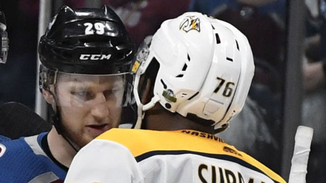 DENVER, CO - APRIL 22: Colorado Avalanche center Nathan MacKinnon #29 shakes hands with Nashville Predators defenseman P.K. Subban #76, right, at the end of the game after the Nashville Predators defeated the Colorado Avalanche 5-0 in game 6 of round one of the Stanley Cup Playoffs at the Pepsi Center April 22, 2018. Colorado Avalanche defenseman Duncan Siemens #15 and The Predators won the series 4-2.