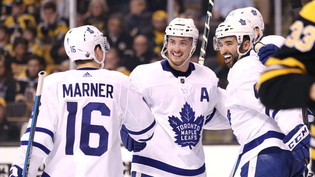 BOSTON, MA - APRIL 21: James van Riemsdyk #25 of the Toronto Maple Leafs celebrates after scoring a goal with teammates Nazem Kadri #43, Tyler Bozak #42 and Mitchell Marner #16 as Zdeno Chara #33 of the Boston Bruins skates away during the second period of Game Five of the Eastern Conference First Round in the 2018 Stanley Cup play-offs at TD Garden on April 21, 2018 in Boston, Massachusetts.