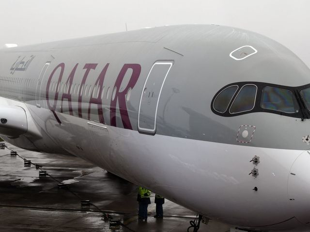 The first Airbus A350-1000, bearing the logo of Qatar Airways, is stationed on the tarmac on February 20, 2018 at the Airbus delivery center, in Colomiers southwestern France. / AFP PHOTO / PASCAL PAVANI