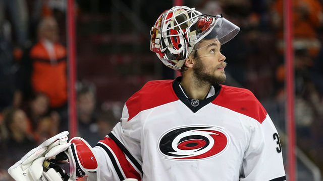 PHILADELPHIA, PA - DECEMBER 15: Goalie Eddie Lack #31 of the Carolina Hurricanes looks on after allowing a goal to Brayden Schenn #10 of the Philadelphia Flyers (no pictured) in the second period at Wells Fargo Center on December 15, 2015 in Philadelphia, Pennsylvania.