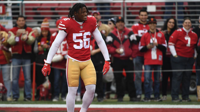 SANTA CLARA, CA - DECEMBER 24: Reuben Foster #56 of the San Francisco 49ers warms up prior to their game against the Jacksonville Jaguars at Levi's Stadium on December 24, 2017 in Santa Clara, California.