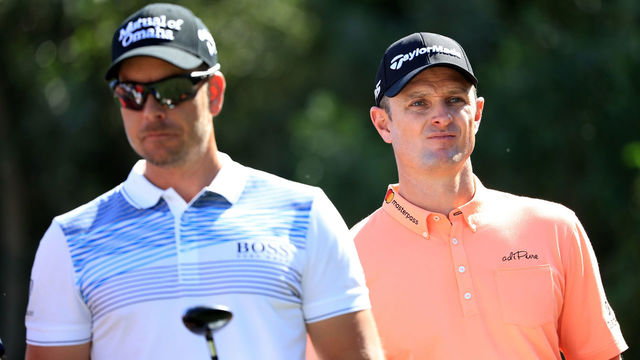 ABU DHABI, UNITED ARAB EMIRATES - JANUARY 19: Henrik Stenson of Sweden and Justin Rose of England look on from the fifth tee during round two of the Abu Dhabi HSBC Golf Championship at Abu Dhabi Golf Club on January 19, 2018 in Abu Dhabi, United Arab Emirates.