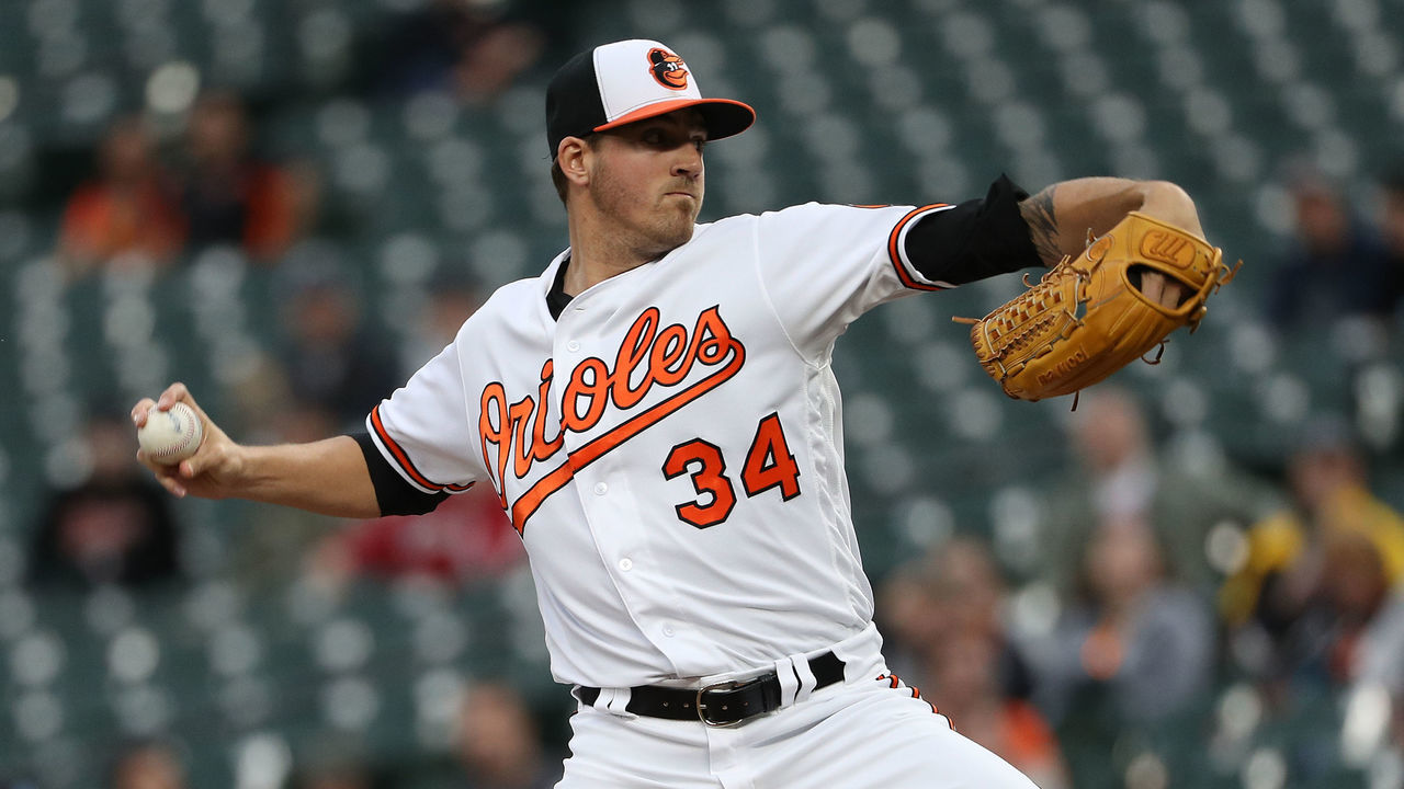 BALTIMORE, MD - APRIL 23: Starting pitcher Kevin Gausman #34 of the Baltimore Orioles works the first inning against the Cleveland Indians at Oriole Park at Camden Yards on April 23, 2018 in Baltimore, Maryland.