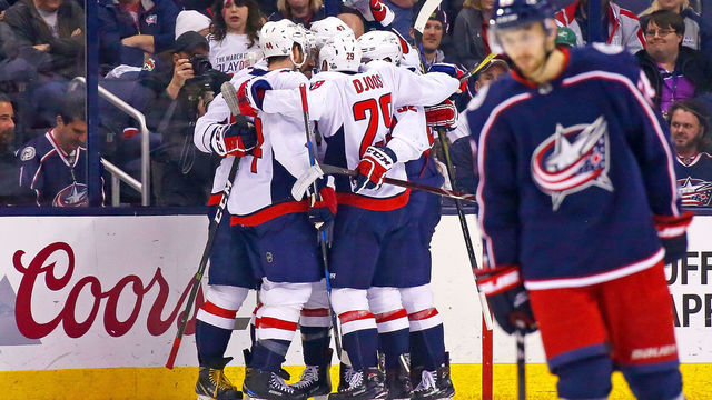 COLUMBUS, OH - APRIL 23: Alex Ovechkin #8 of the Washington Capitals is congratulated by his teammates after scoring a goal during the second period in Game Six of the Eastern Conference First Round during the 2018 NHL Stanley Cup Playoffs against the Columbus Blue Jackets on April 23, 2018 at Nationwide Arena in Columbus, Ohio.