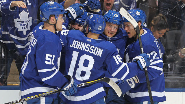 TORONTO, ON - APRIL 23: William Nylander #29 of the Toronto Maple Leafs celebrates a goal against the Boston Bruins in Game Six of the Eastern Conference First Round in the 2018 Stanley Cup Play-offs at the Air Canada Centre on April 23, 2018 in Toronto, Ontario, Canada.