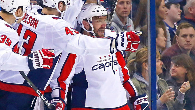 COLUMBUS, OH - APRIL 23: Alex Ovechkin #8 of the Washington Capitals is congratulated by his teammates after scoring a power play goal during the second period in Game Six of the Eastern Conference First Round during the 2018 NHL Stanley Cup Playoffs against the Columbus Blue Jackets on April 23, 2018 at Nationwide Arena in Columbus, Ohio.