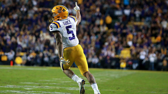 BATON ROUGE, LA - NOVEMBER 25: Derrius Guice #5 of the LSU Tigers reacts after scoring a touchdown during the second half of a game against the Texas A&M Aggies at Tiger Stadium on November 25, 2017 in Baton Rouge, Louisiana. LSU won the game 45 - 21.