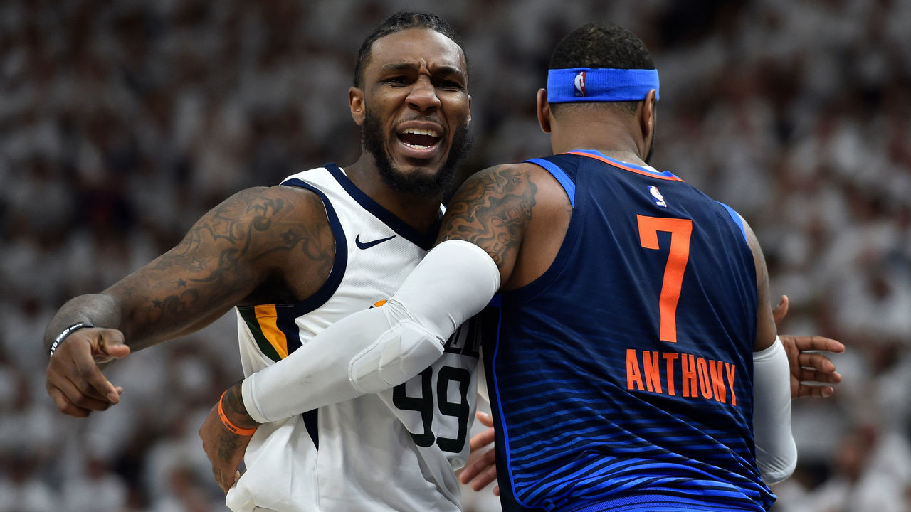 SALT LAKE CITY, UT - APRIL 23: Jae Crowder #99 of the Utah Jazz complains about the defense of Carmelo Anthony #7 of the Oklahoma City Thunder in the first half during Game Four of Round One of the 2018 NBA Playoffs at Vivint Smart Home Arena on April 23, 2018 in Salt Lake City, Utah.