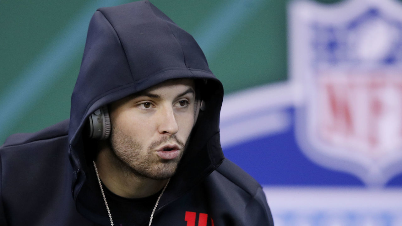 INDIANAPOLIS, IN - MARCH 03: Oklahoma quarterback Baker Mayfield looks on during the NFL Combine at Lucas Oil Stadium on March 3, 2018 in Indianapolis, Indiana.