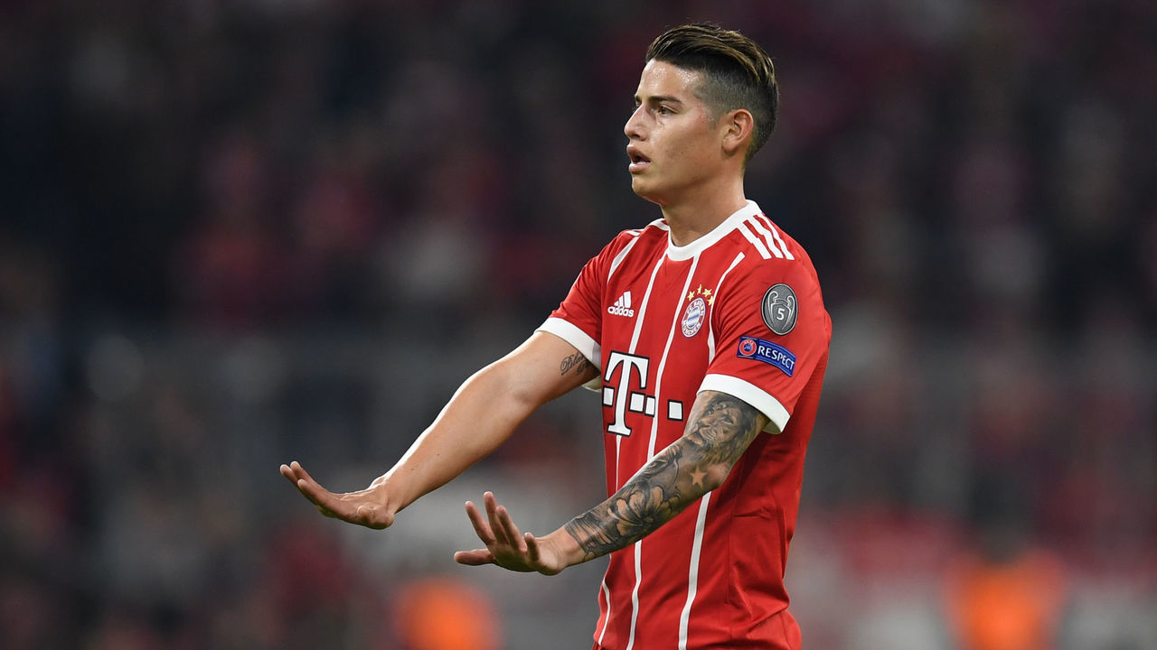 Bayern Munich's Colombian midfielder James Rodriguez gestures during the UEFA Champions League quarter-final second leg football match between FC Bayern Munich and Sevilla FC on April 11, 2018 in Munich, southern Germany. Bayern Munich marched into another Champions League semi-final despite 10-man Sevilla holding them to a goalless draw at home. / AFP PHOTO / Christof STACHE