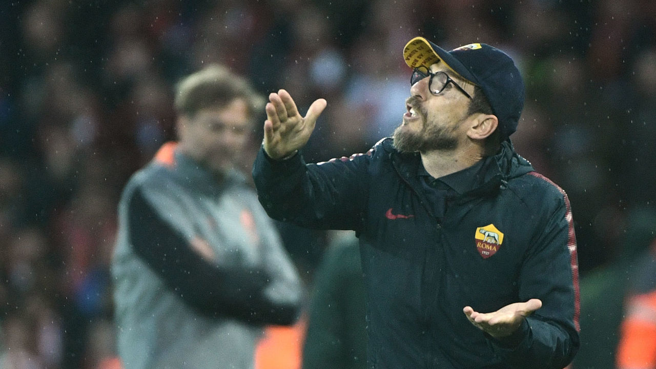 Roma's Italian head coach Eusebio Di Francesco gestures during the UEFA Champions League first leg semi-final football match between Liverpool and Roma at Anfield stadium in Liverpool, north west England on April 24, 2018.