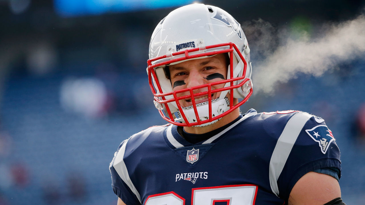 FOXBORO, MA - DECEMBER 31: Rob Gronkowski #87 of the New England Patriots looks on before the game against the New York Jets at Gillette Stadium on December 31, 2017 in Foxboro, Massachusetts.