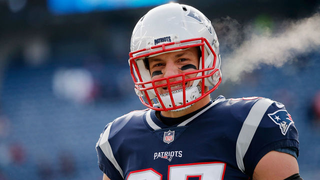 FOXBORO, MA - DECEMBER 31: Rob Gronkowski #87 of the New England Patriots looks on before the game against the New York Jets at Gillette Stadium on December 31, 2017 in Foxboro, Massachusetts.